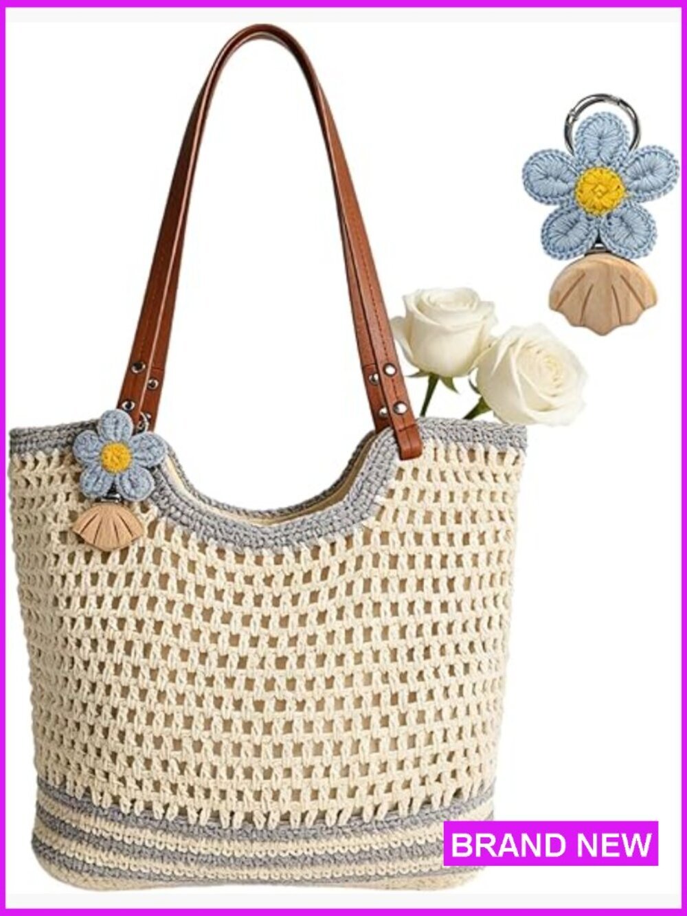 Crochet Beach Tote Boho Shoulder Bag with Hat Clip Leak-Proof Lining Vacation
